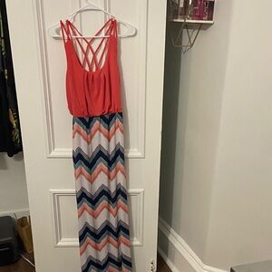 Three Hearts Red and Blue Chevron Maxi Dress